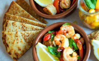 Boxty with Pil Pil Prawns & Mango Salsa