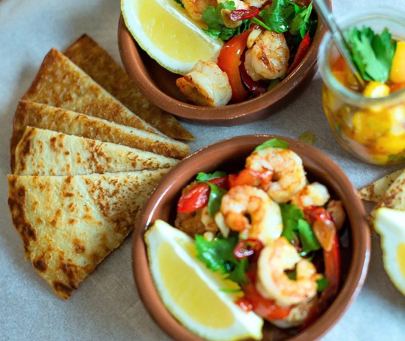 Boxty with Pil Pil Prawns & Mango Salsa