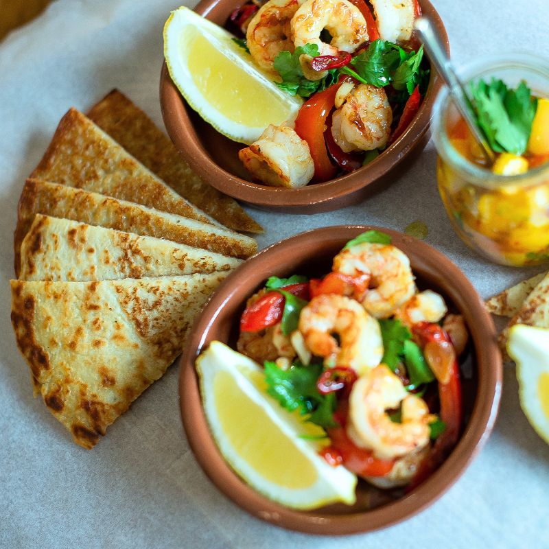 Boxty with Pil Pil Prawns & Mango Salsa