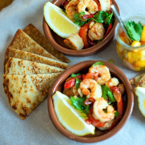 Boxty with Pil Pil Prawns & Mango Salsa