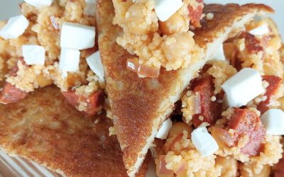 Gluten-free Boxty with Chorizo & Chickpea Couscous