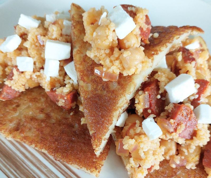 Gluten-free Boxty with Chorizo & Chickpea Couscous