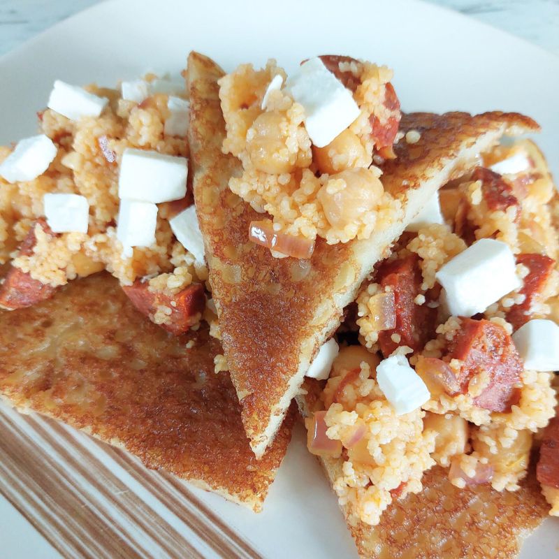 Gluten-free Boxty with chorizo & chickpea couscous