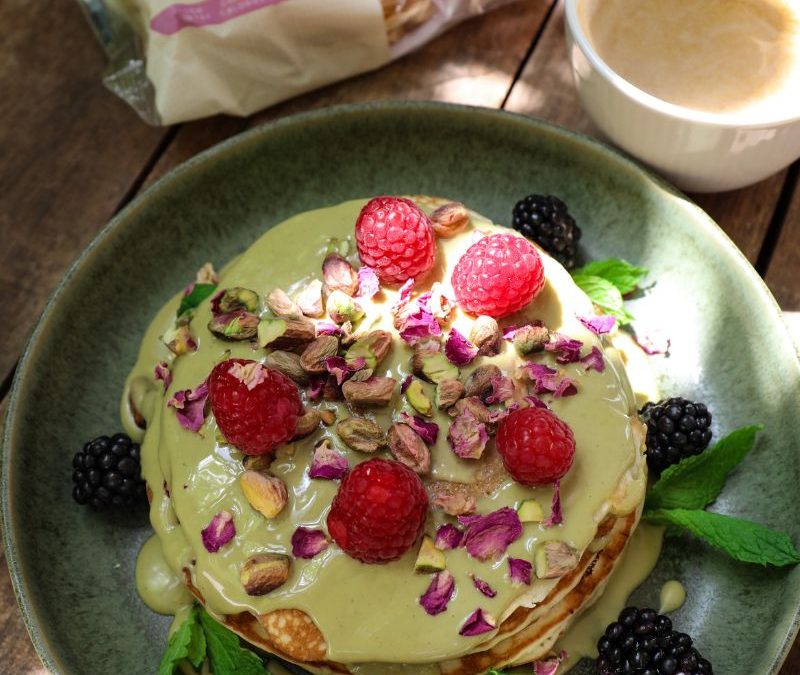 Pancakes with Pistachio Ganache & Berries