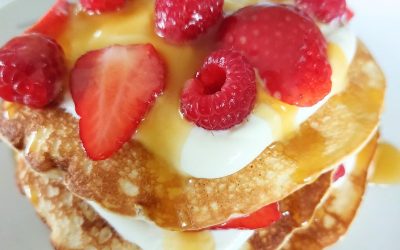 Pancakes with Berries, Greek Yogurt & Salted Caramel Sauce