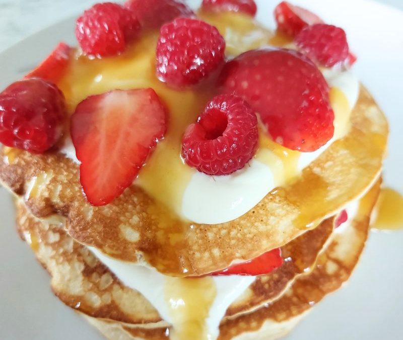 Pancakes with Berries, Greek Yogurt & Salted Caramel Sauce