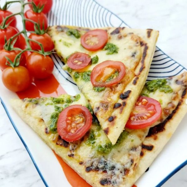 Potato Bread with Cheddar, Pesto & Tomato