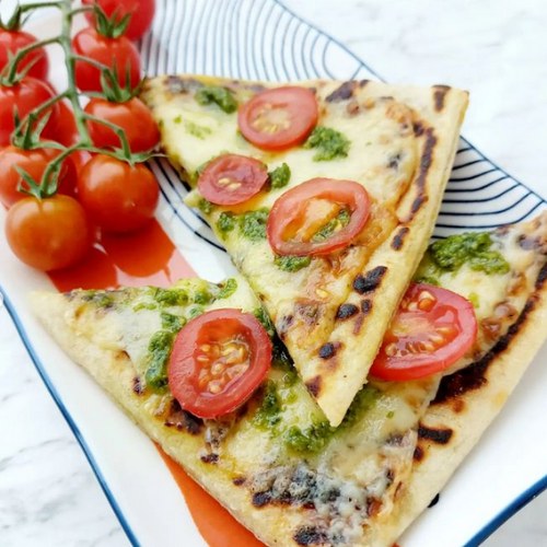 Potato Bread with Cheddar, Pesto & Tomato