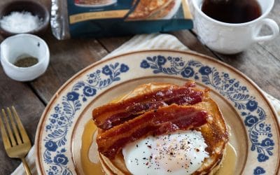 Savoury Protein Pancakes with Bacon Medallions & Poached Eggs