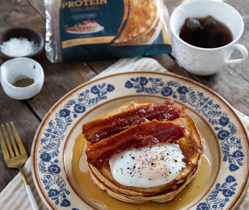 Savoury Protein Pancakes with Bacon Medallions & Poached Eggs
