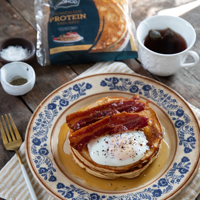 Savoury Protein Pancakes with Bacon Medallions & Poached Eggs